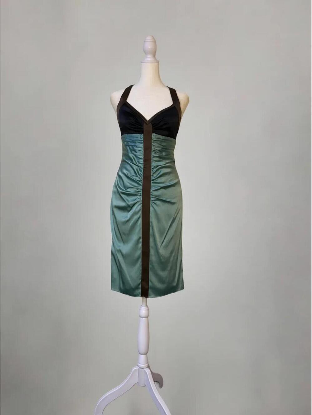 BCBG Colorblock Aquamarine Blue Halter Party Dress Y2K 100% Silk